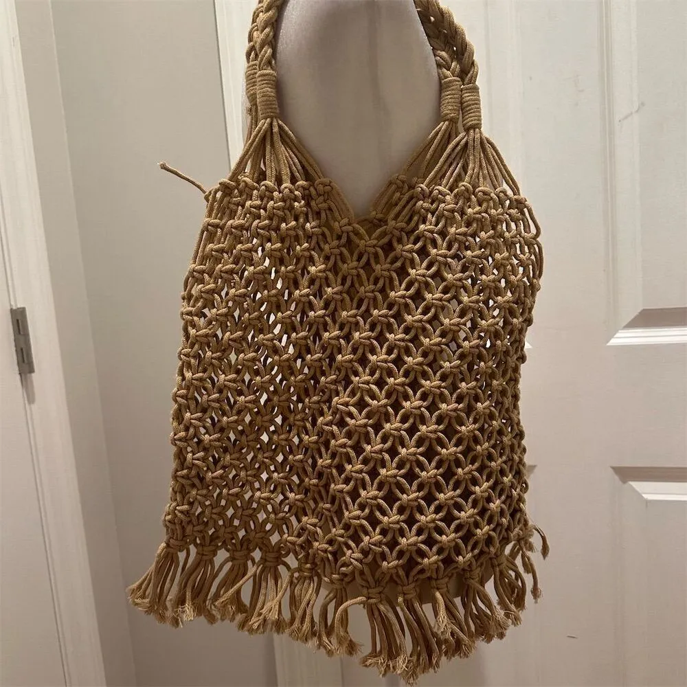 Vintage Boho Chic Macrame Fringe Shoulder Bag Handcrafted Beige Bucket Casual - Image 2