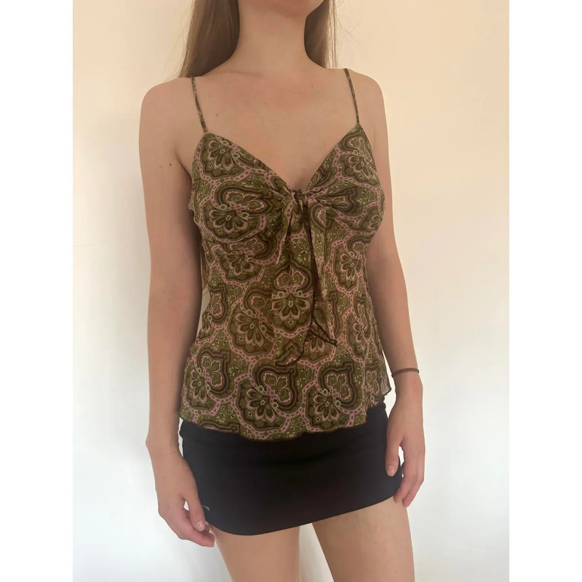 Olive Floral Paisley Mesh Overlay Cami Top Green - Image 2