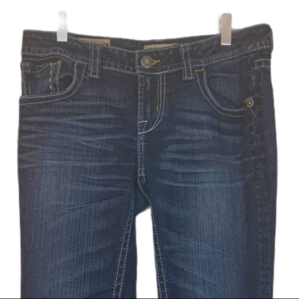 MEK The Buckle Women's Mid Rise Dark Wash Raw Hem Boot Cut Jeans Size 29 Blue - Image 4