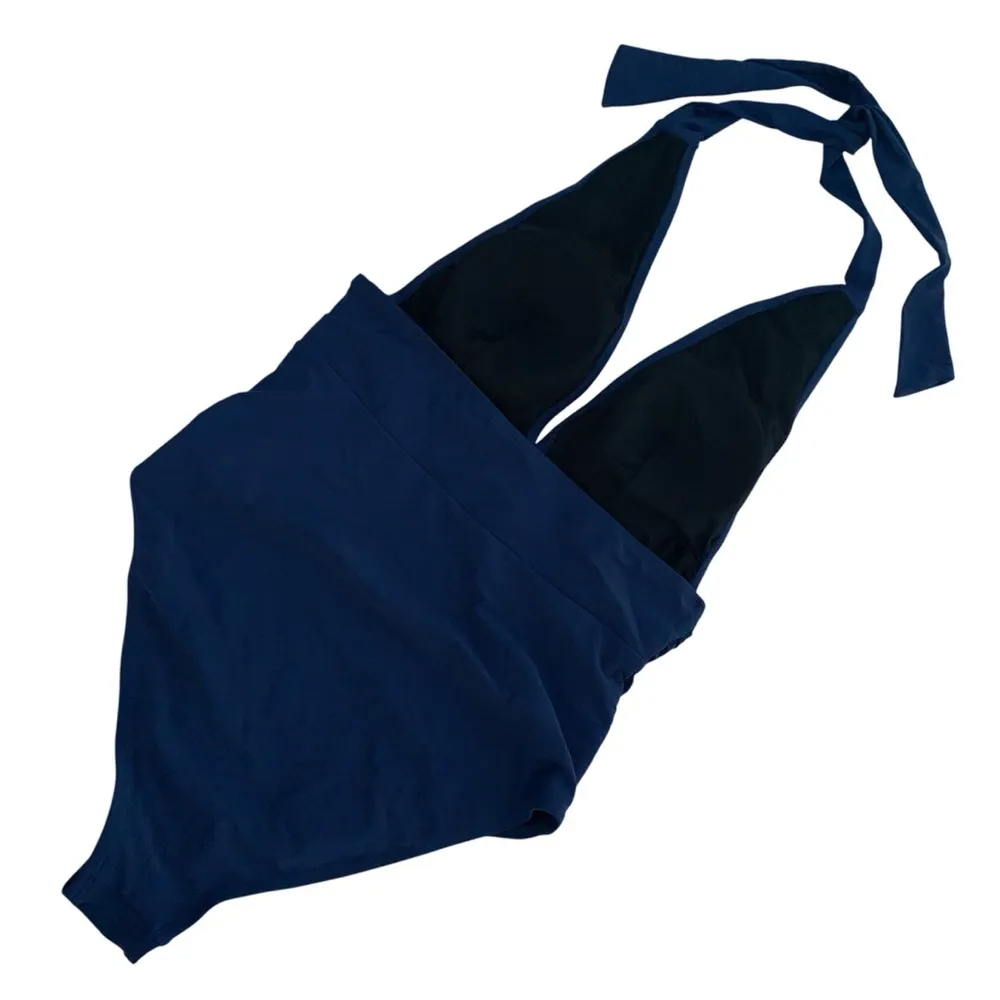 Cupshe Bianca Dusty Blue Plunge Halter 1 Piece Medium Swimsuit - Image 3