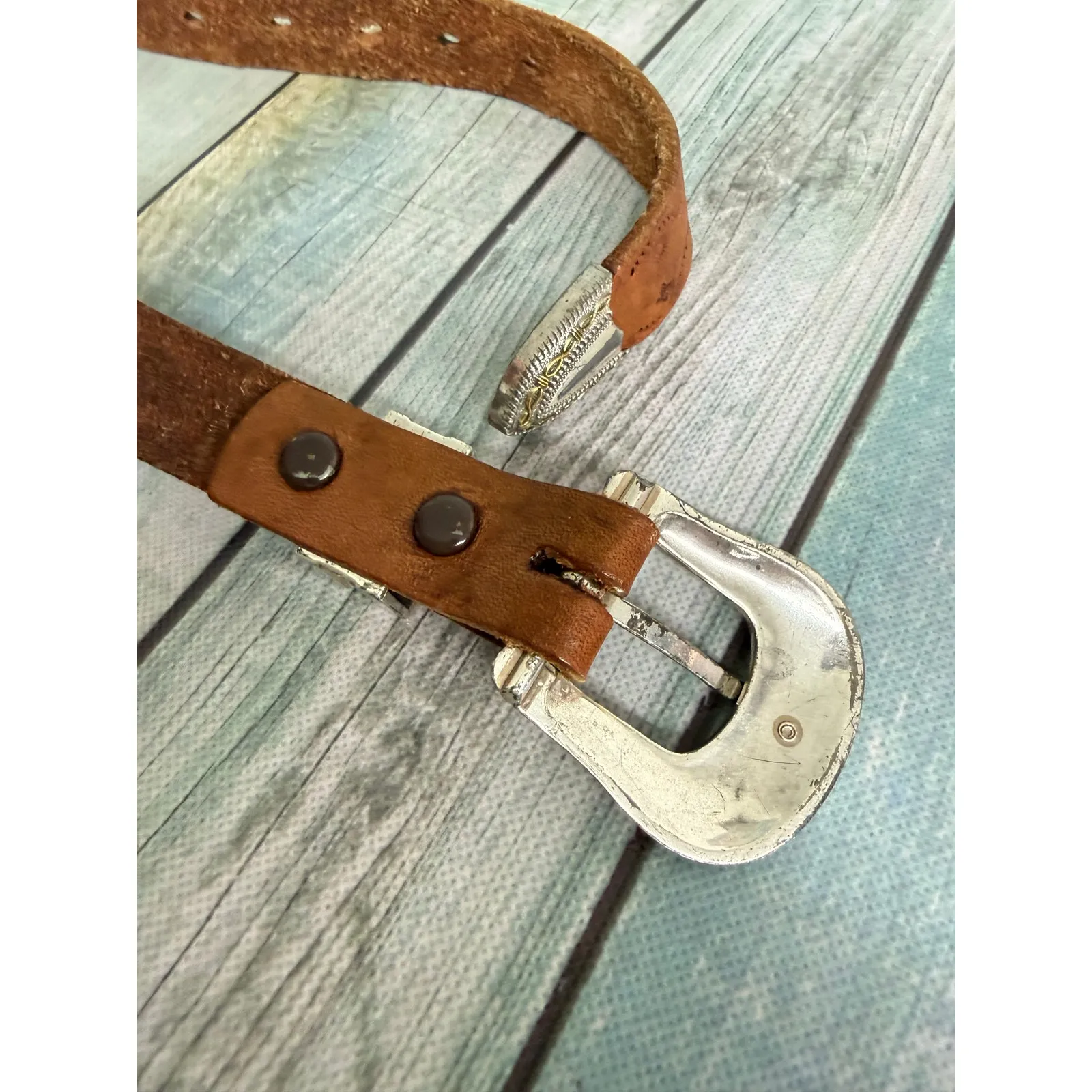 Vintage Western Belt Leather Silver Concho Michelle Custom Name Silver Buckle Brown - Image 6