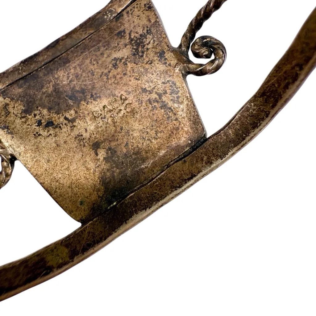 Vintage 70s Alpaca Mexico Silver Turquoise Abalone Floral Inlay Cuff Bracelet Blue - Image 8