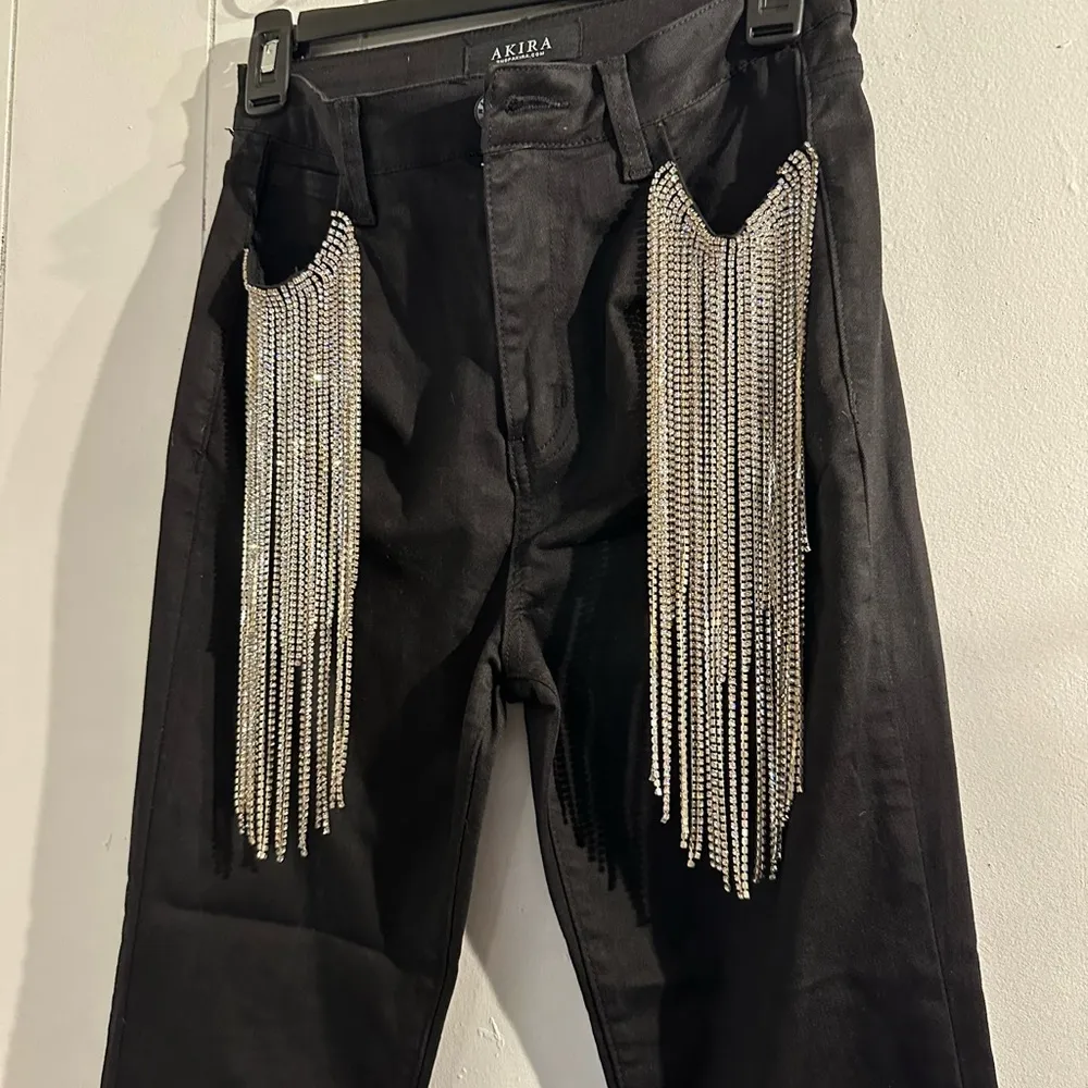 AKIRA Black Jeans with Silver Rhienstone Fringe Detail - Image 2