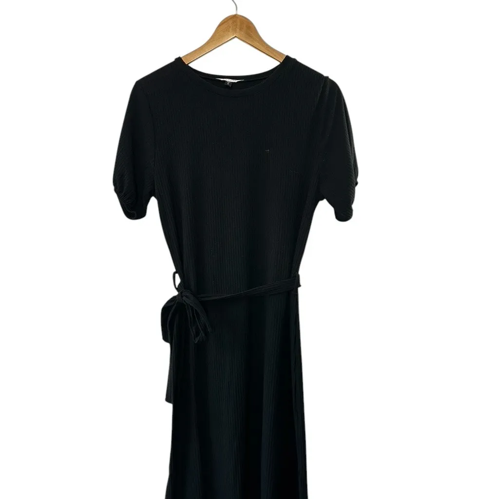 Miss Selfridge Black Ribbed Short Sleeve Belted Sheath Dress  Women's US 12 - Image 2