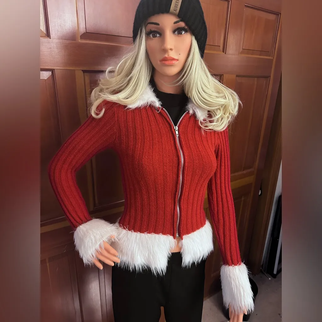LAST ONE Holiday Fuzzy Fur Trim Sweater Red Size M - Image 13