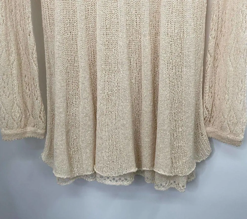 Umgee Crochet Lace Knit Sheer Mini Dress Coverup Keyhole Tie Long Sleeve Cream L - Image 9