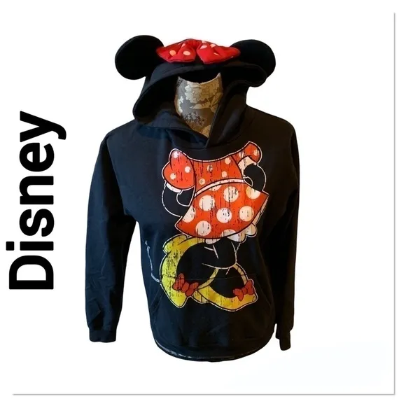 DISNEY Minnie Mouse Black Hooded Sweatshirt with Ears size Small pullover - Image 2