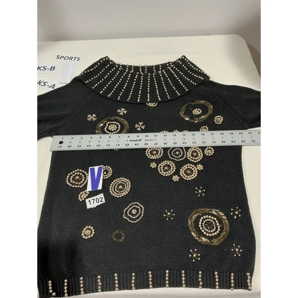 Womans Victoria Harbour Black Mock Turtle Neck Sweater With Gold Beading Medium - Image 5