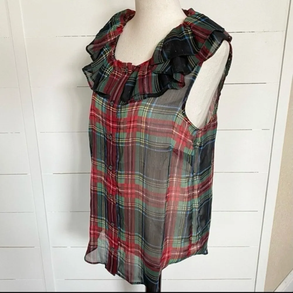 J. Crew Tartan Plaid Red Green Metallic Sheer Ruffle Button Tank Blouse NWT S‎ - Image 11