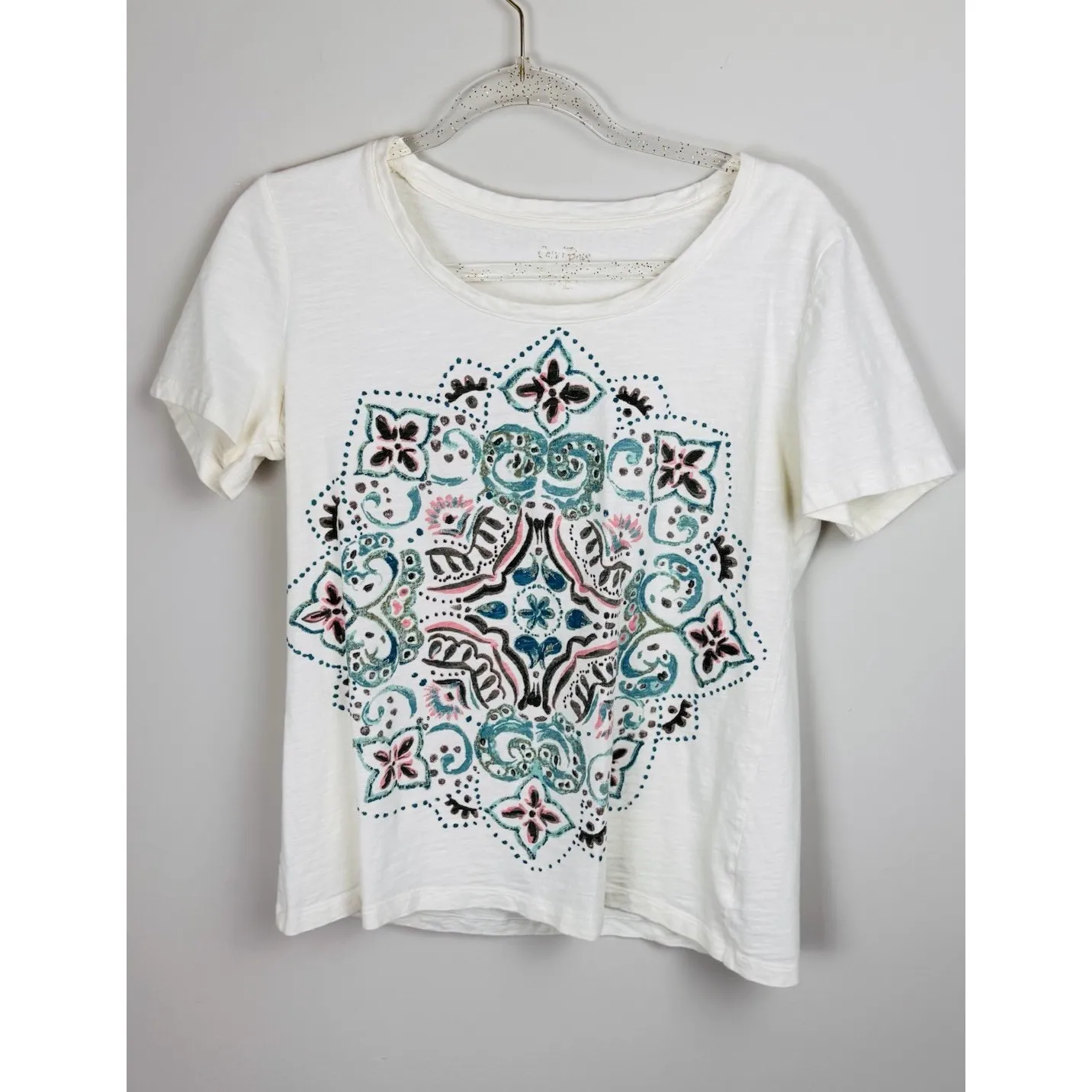 Coral Bay Woman's‎ SZ M 100% Cotton T-Shirt Bohemian Print Colorful Artsy - Image 5