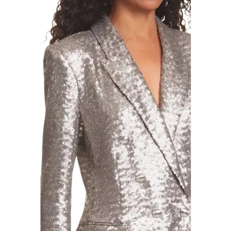 L'Agence Kenzie‎ Silver Sequined Blazer Jacket Double Breasted Women's 0 - Image 5
