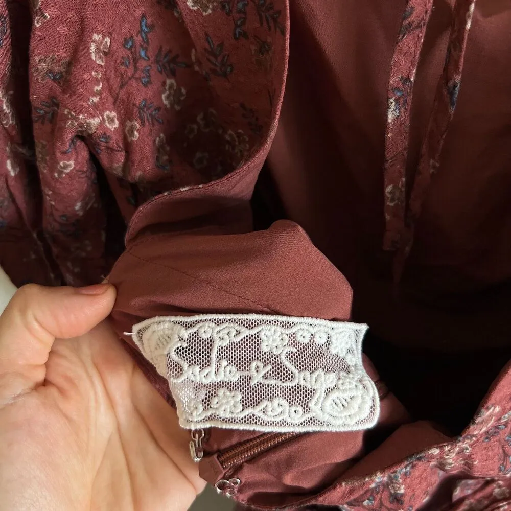 SADIE & SAGE Floral Burgundy Rust Long Sleeve Bodycon Mini Dress Womens Medium Red - Image 5