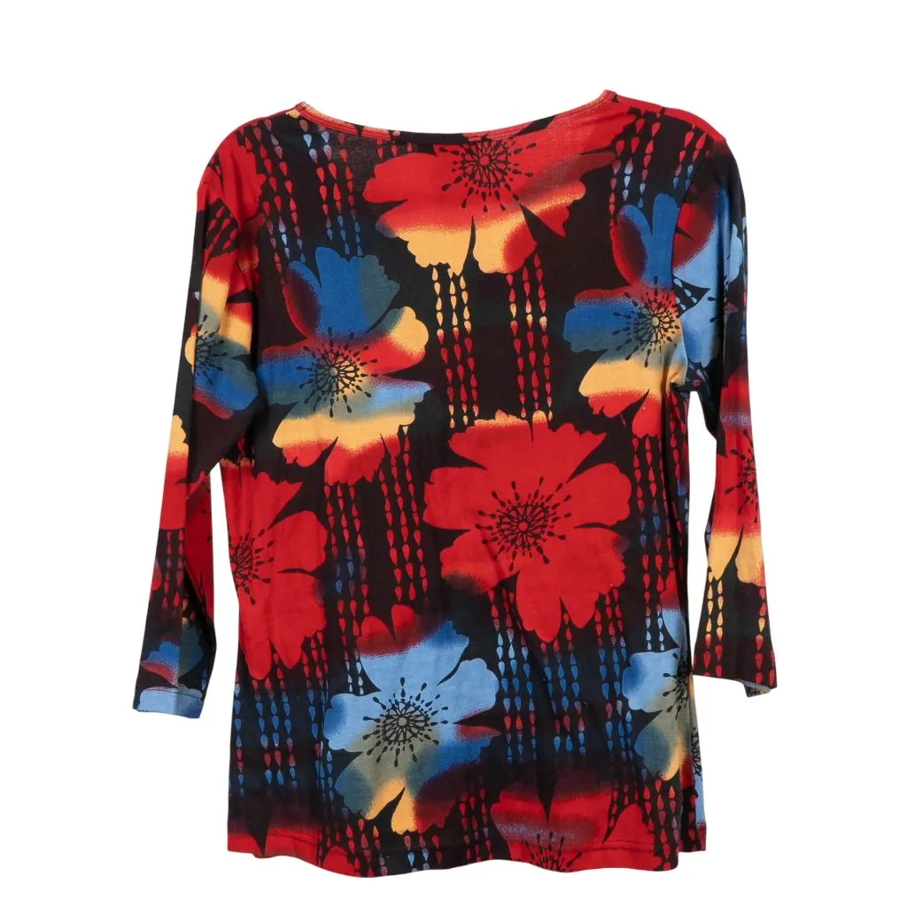 Boho Floral Shirt M VNeck Bright Poppy Red Yellow Blue Fairy Gypsy Festival Gems Size M - Image 5