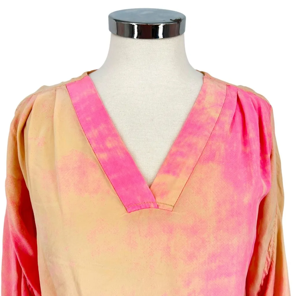 Diane Von Furstenberg Neon Spray Tie Dye 100% Silk Blouse Pink Peach Size 4 - Image 3