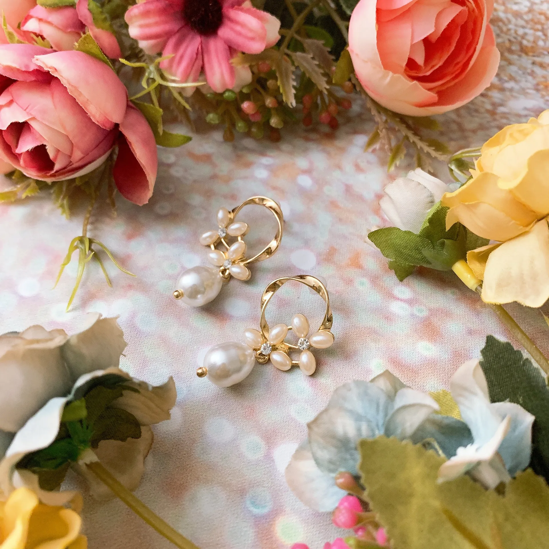 Gold Pearl Statement Drop Earrings - Image 3