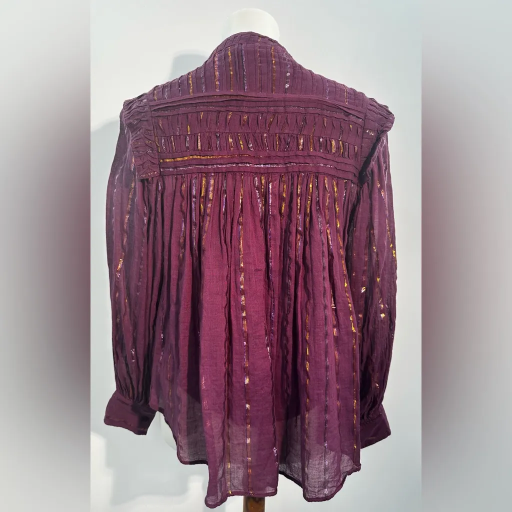 Farm Rio Burgundy Pleated Yoke Metallic Stripe Long Sleeve Button Blouse XS - Image 9