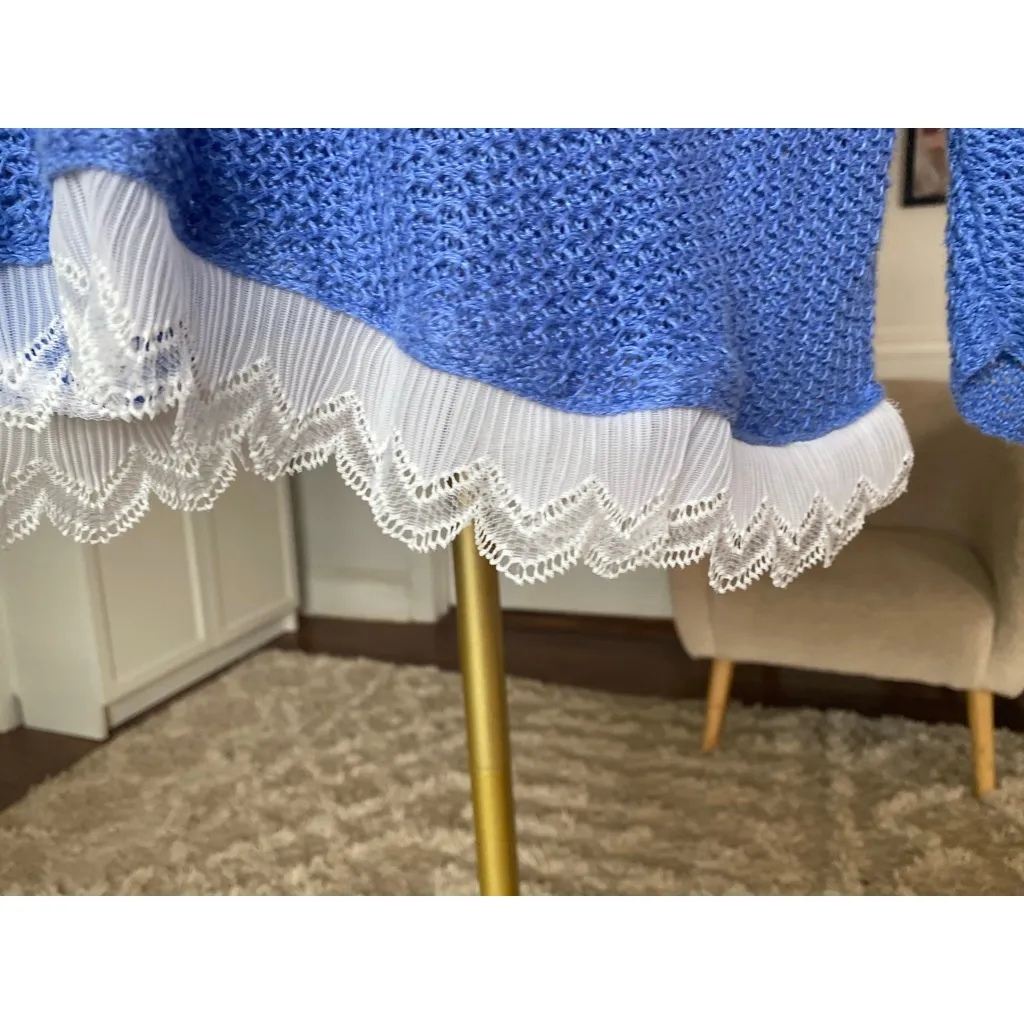 Eileen Fisher Blue Linen Knit Lace Hem Blouse Coastal Quiet Luxury M Coastal - Image 4