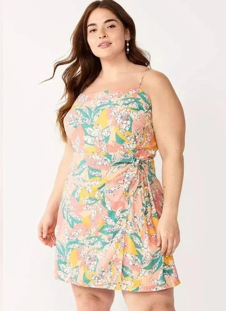 Nine West CRACKLE LEAVES CORAL SIDE TIE FAUX WRAP MINI SQUARE NECK DRESS Sz XXL - Image 3