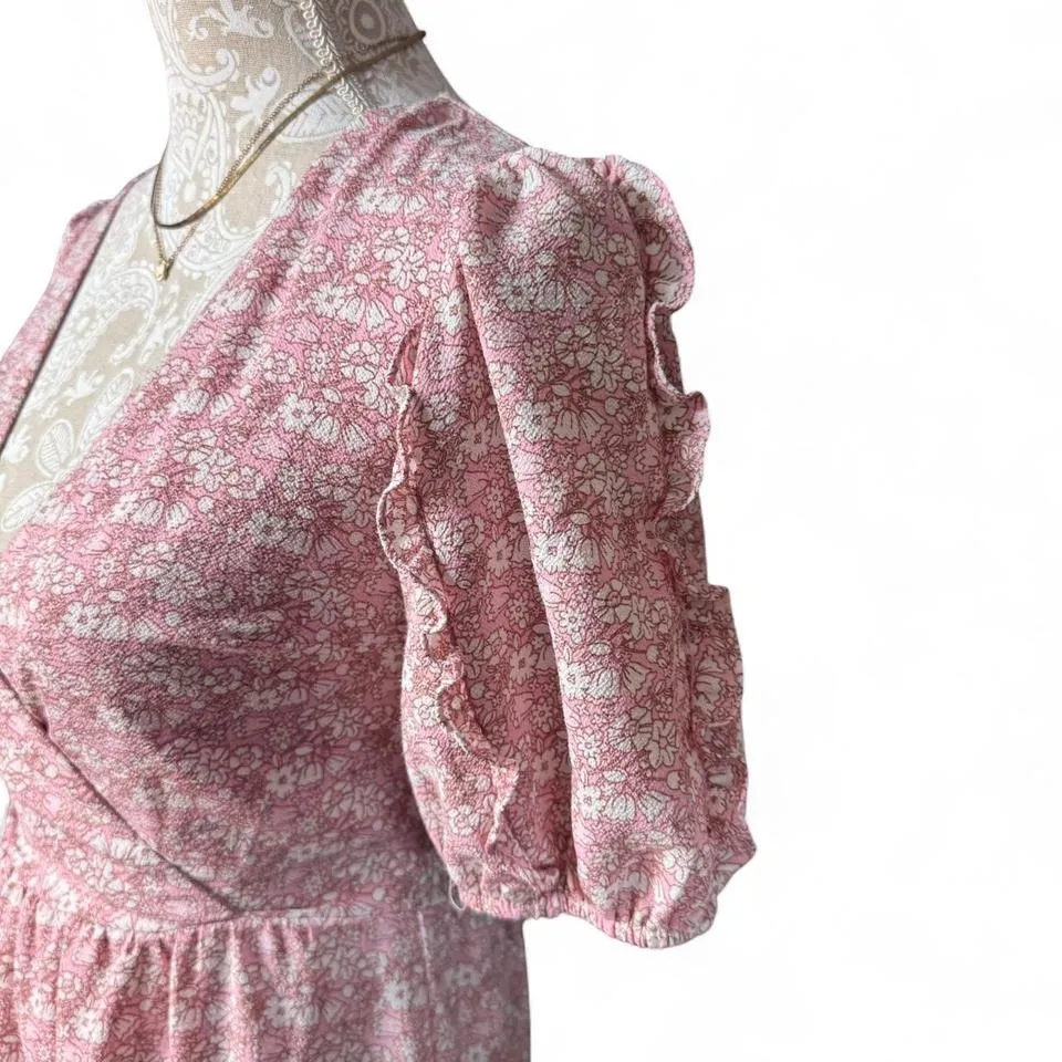B. Darlin Pink Floral Puff Sleeve Mini Dress Faux Wrap Ruffle Cottagecore 3/4 - Image 4