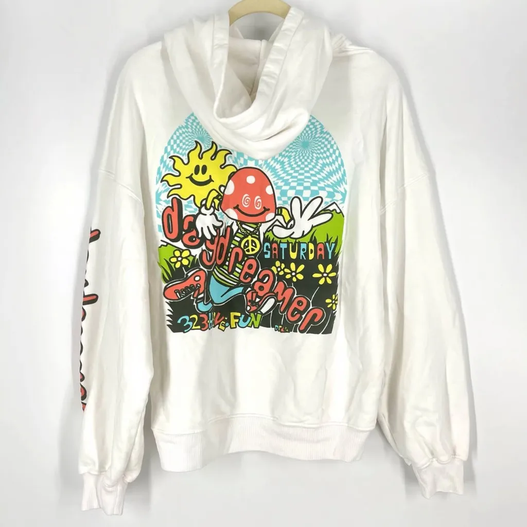Daydreamer Size XS Oversized Mushroom Doodle‎ Hoodie Sweatshirt White Hippie - Image 3