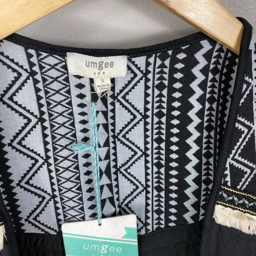 UMGEE Black & White Boho Tribal Longline Vest W/ Festival Fringe-Small - Image 58