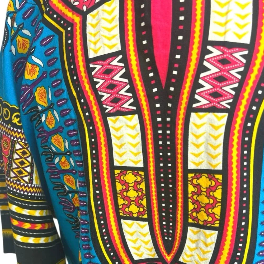Unisex Multicolor Short Sleeve African Dashiki Tribal Caftan Boho Shirt Top L Blue Size L - Image 3