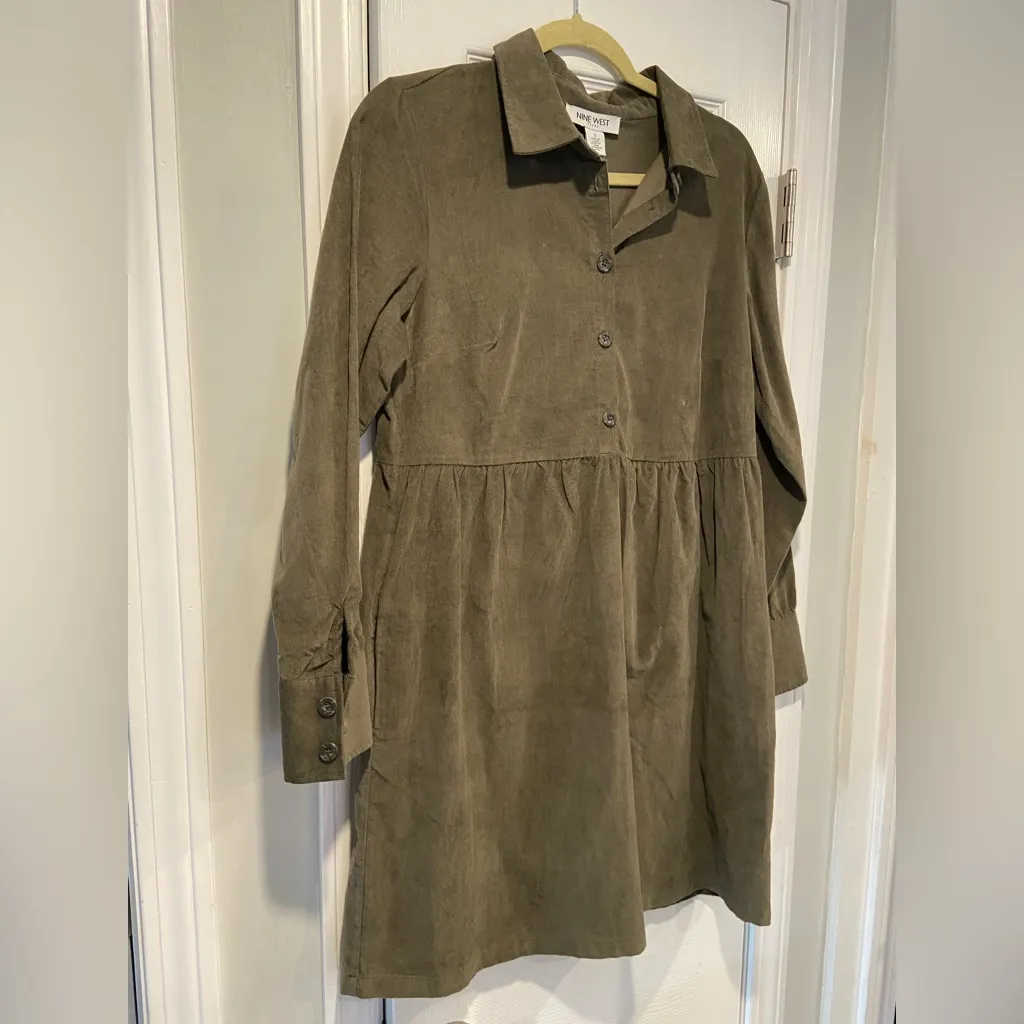 NWT Nine West Olive Green Velvet Button Front Collared Long Sleeve Mini Dress - Image 3
