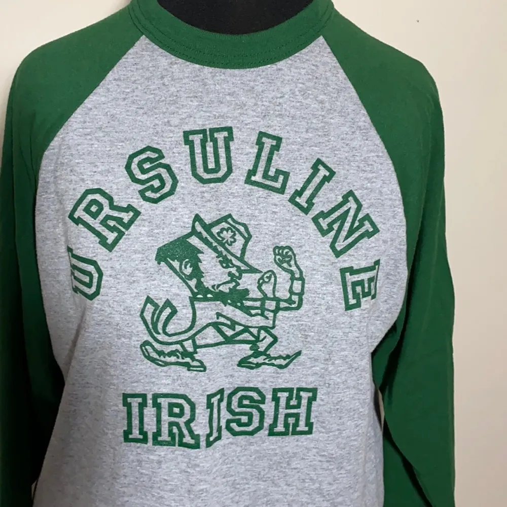 Ursuline fighting Irish baseball raglan shirt top T-shirt green gray medium - Image 5
