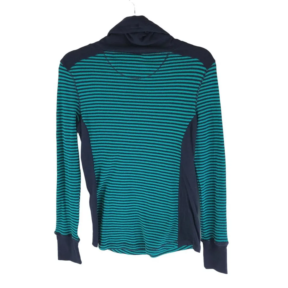 Eddie Bauer Womens Top Waffle Knit Funnel Neck Striped Green Navy Blue M - Image 2