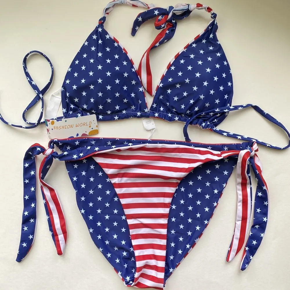 NWT stars & stripes reversible padded string bikini, size large - Image 2