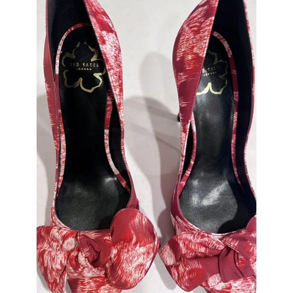 TED BAKER LONDON Ryama Heels Red Tapestry‎ Glitch Bow Court Pointed Size 38.5 8 - Image 3