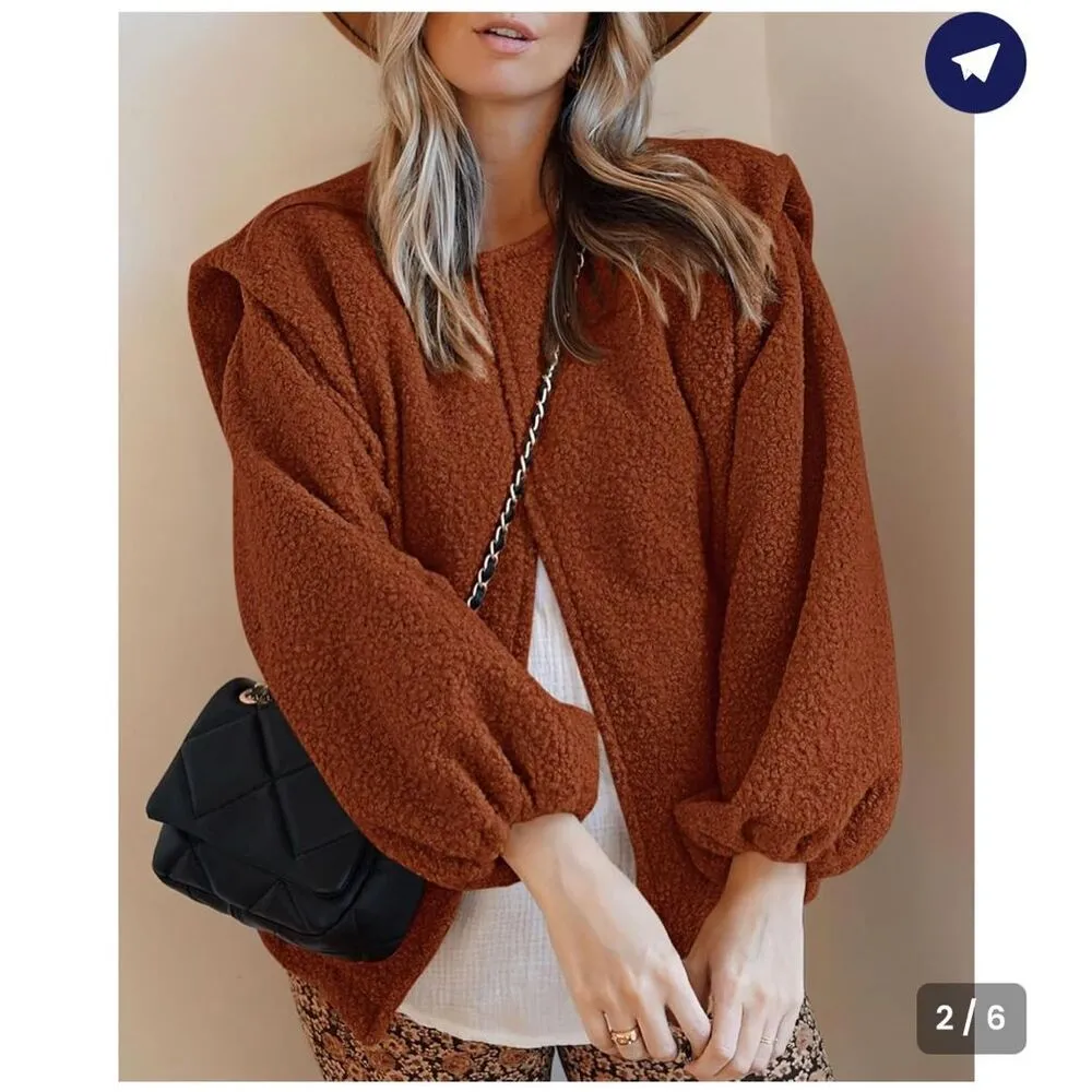 NEW Tan Sherpa Fleece Jacket Faux Wool Embedded Lantern Sleeve Pockets M - Image 6