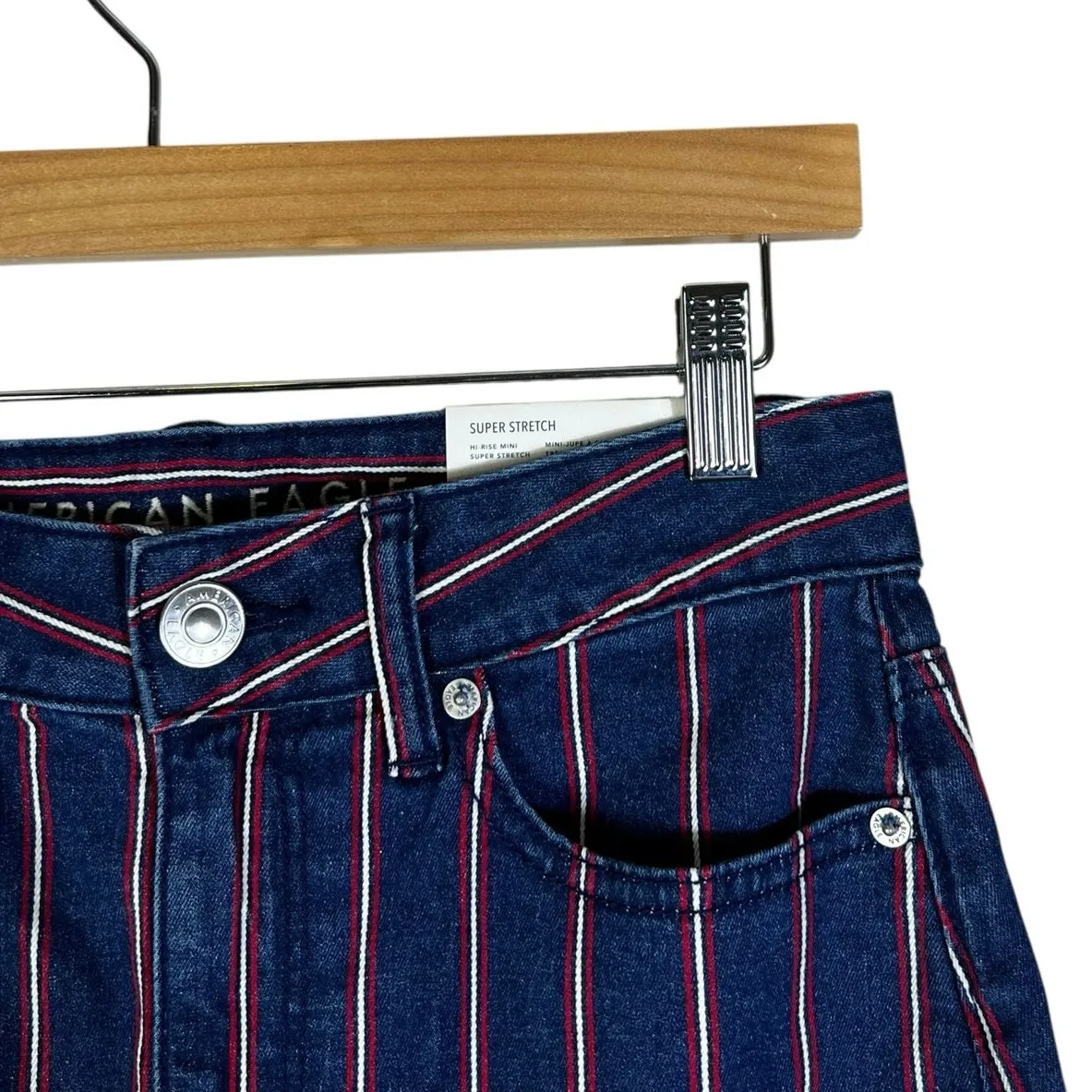 NWT American Eagle Hi-Rise Mini Skirt Womens 2 Blue Red Stripe Frayed Hem Retro - Image 3