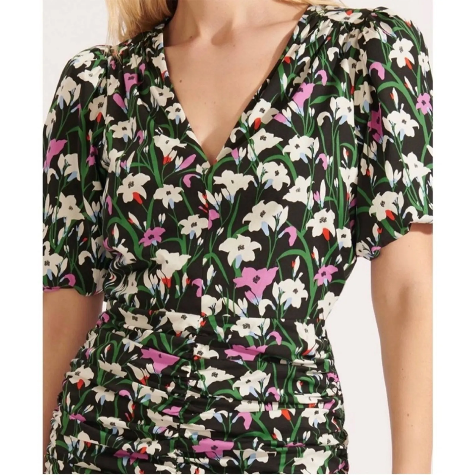 Veronica Beard Garden Floral Ruched Dress Puff Sleeve Mini Dress Womens Size 8 - Image 3