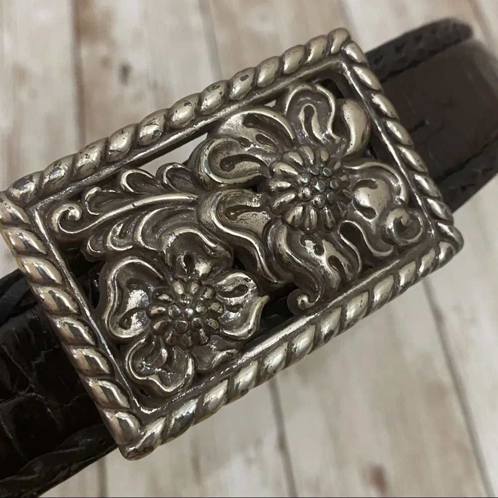 Black Croc Leather Floral Buckle Belt 32 - Image 3