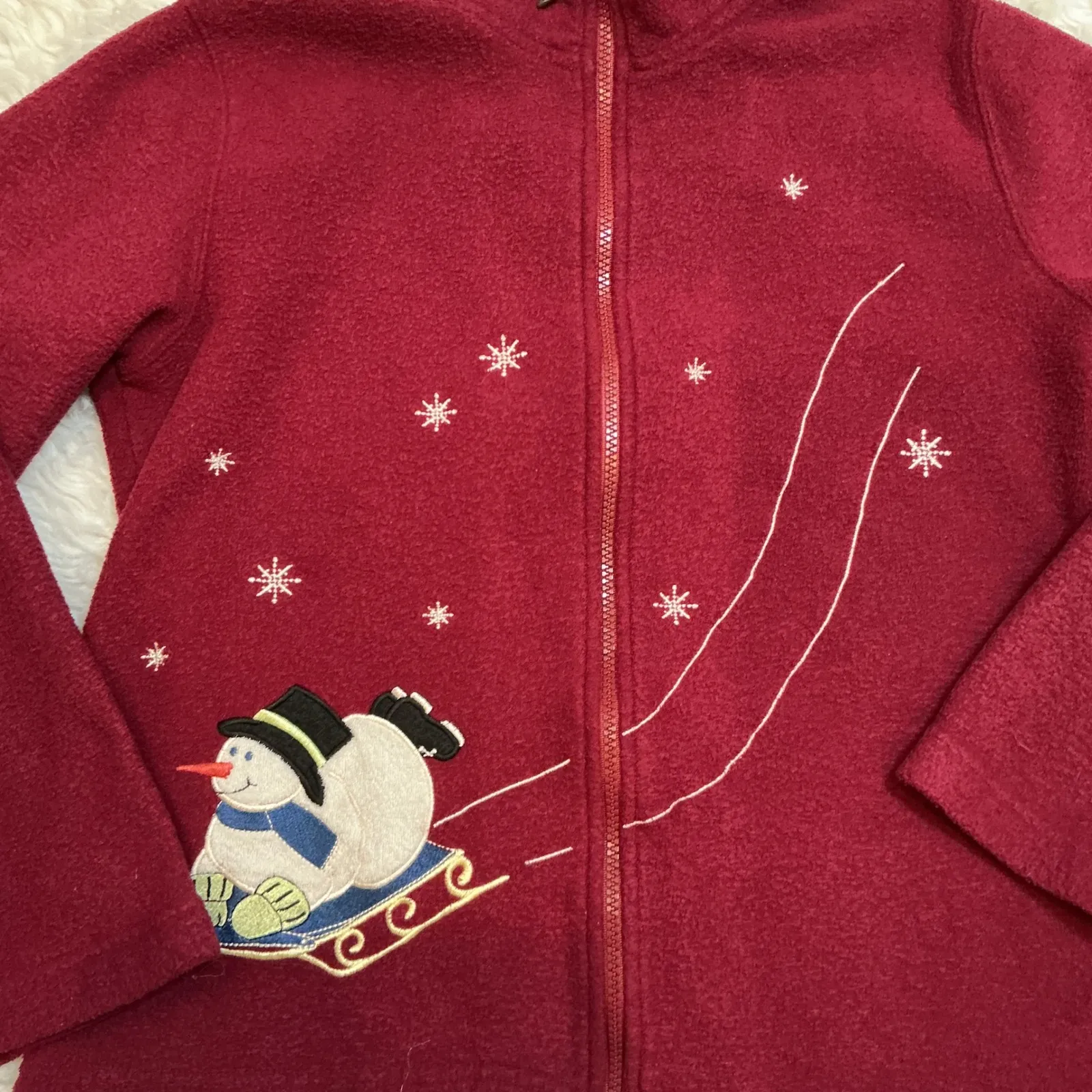 Christopher Banks Burgundy Snowman Sledding Fleece Jacket Mock Neck Zip Up Sz  M - Image 2