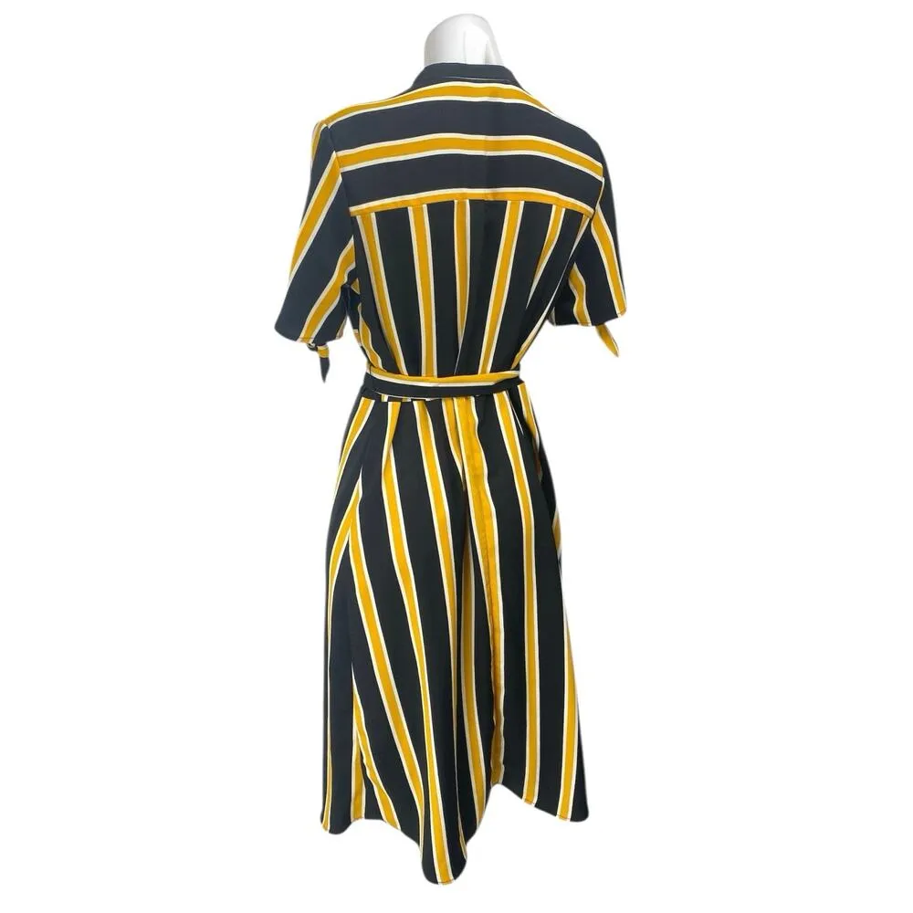 WhoWhatWear Black Yellow Short Sleeve Button Down Belted Midi Shirt Dress Size M Size M - Image 2