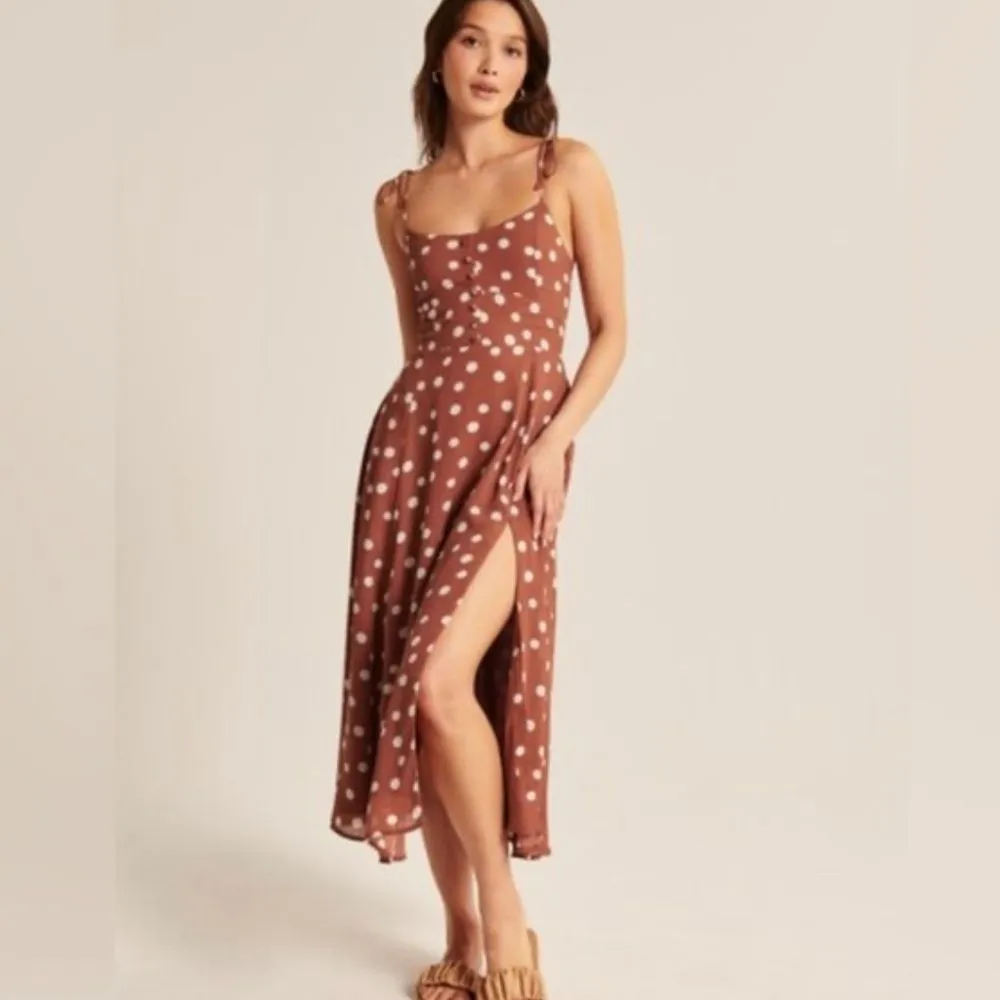 Abercrombie & Fitch Brown & White Polka Dot flowy midi maxi slit dress XL T - Image 10