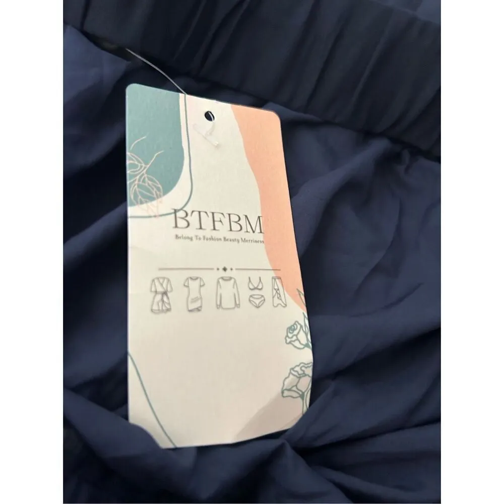 NEW Off Shoulder Strapless Pleated Wide Leg Palazzo Pants Jumpsuit L Blue Size M - Image 3