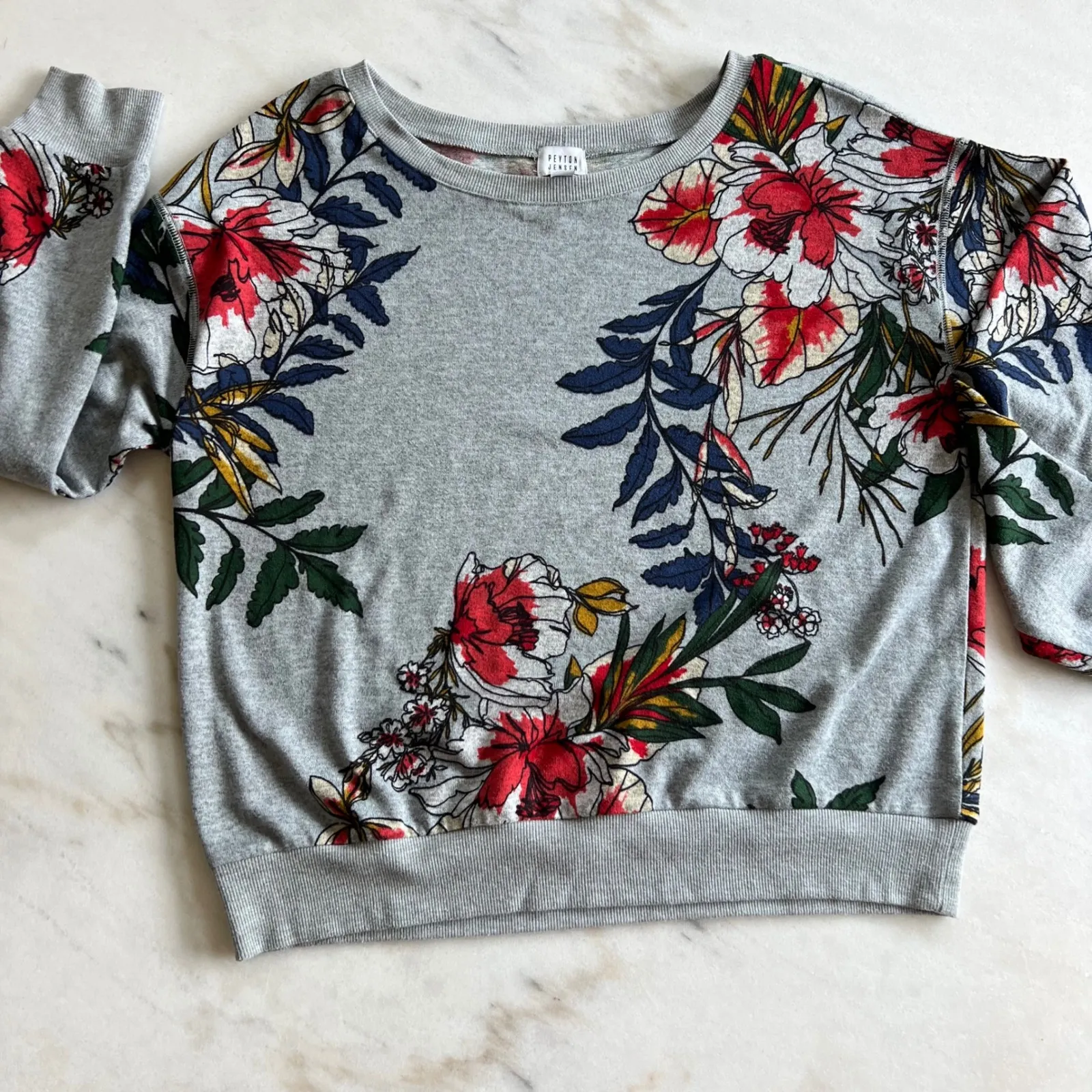Peyton Jensen Floral Print Sweatshirt Gray Red Blue Women's Size S - Image 4