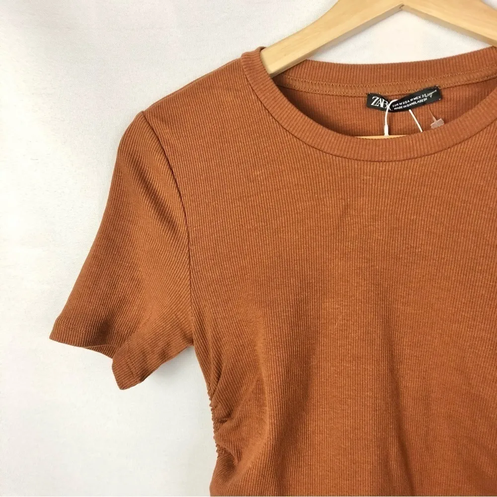 Zara Copper Brown Ribbed Side Tie Short Sleeve Mini Dress M - Image 6
