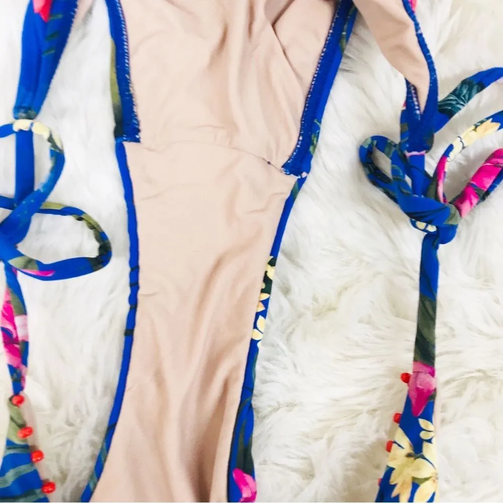 PILYQ Anthropologie Blue Floral Side Tie‎ Triangle String Bikini Bottom XS New - Image 10
