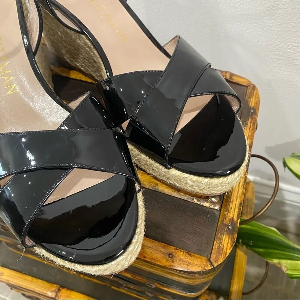 Stuart Weitzman Rosemaire Black Patent Leather Platform Espadrille Wedge Sandal - Image 4