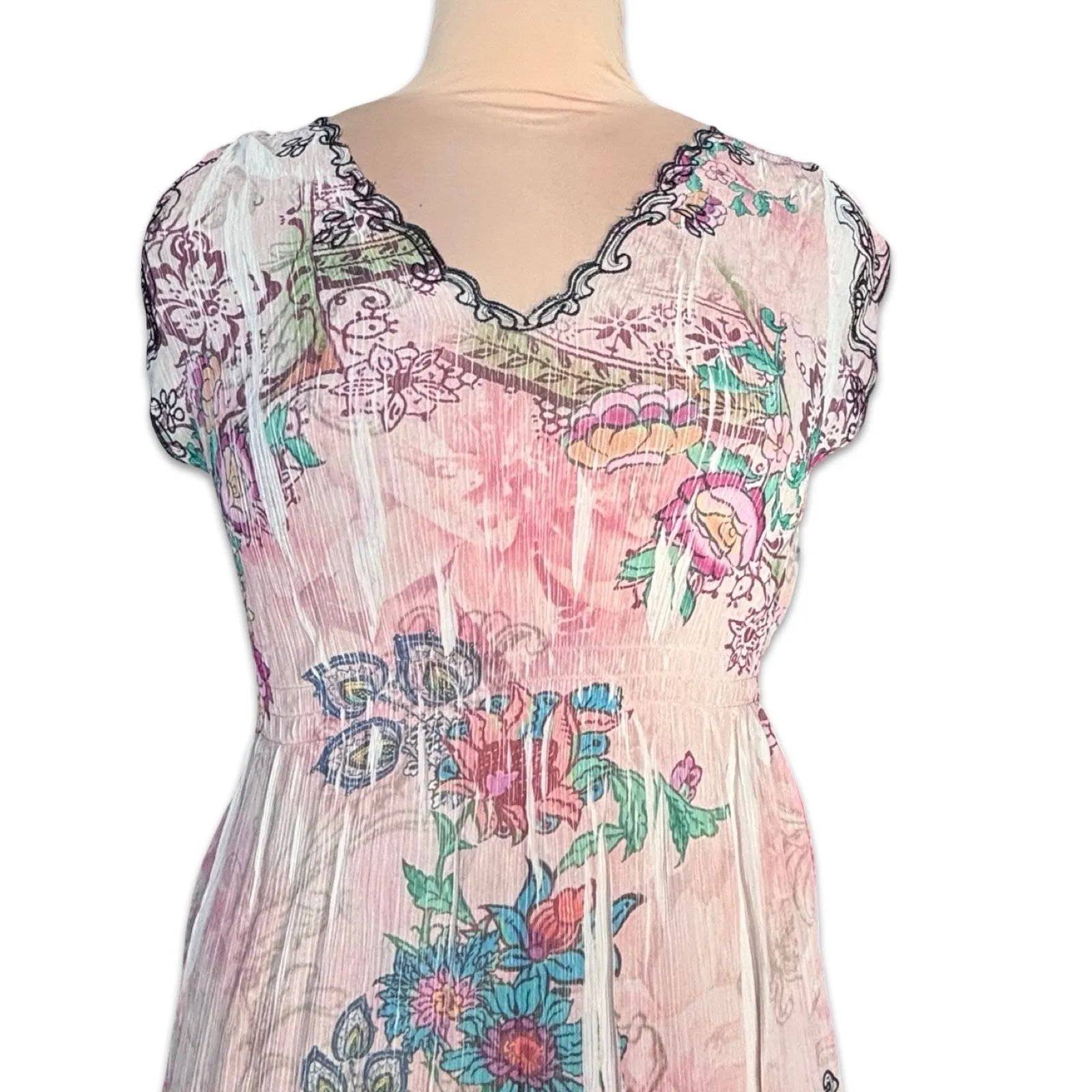 Y2K Mushka Sienna Rose Sheer Floral Crinkle Babydoll Top Fairycore Bohemian Pink Size L - Image 2