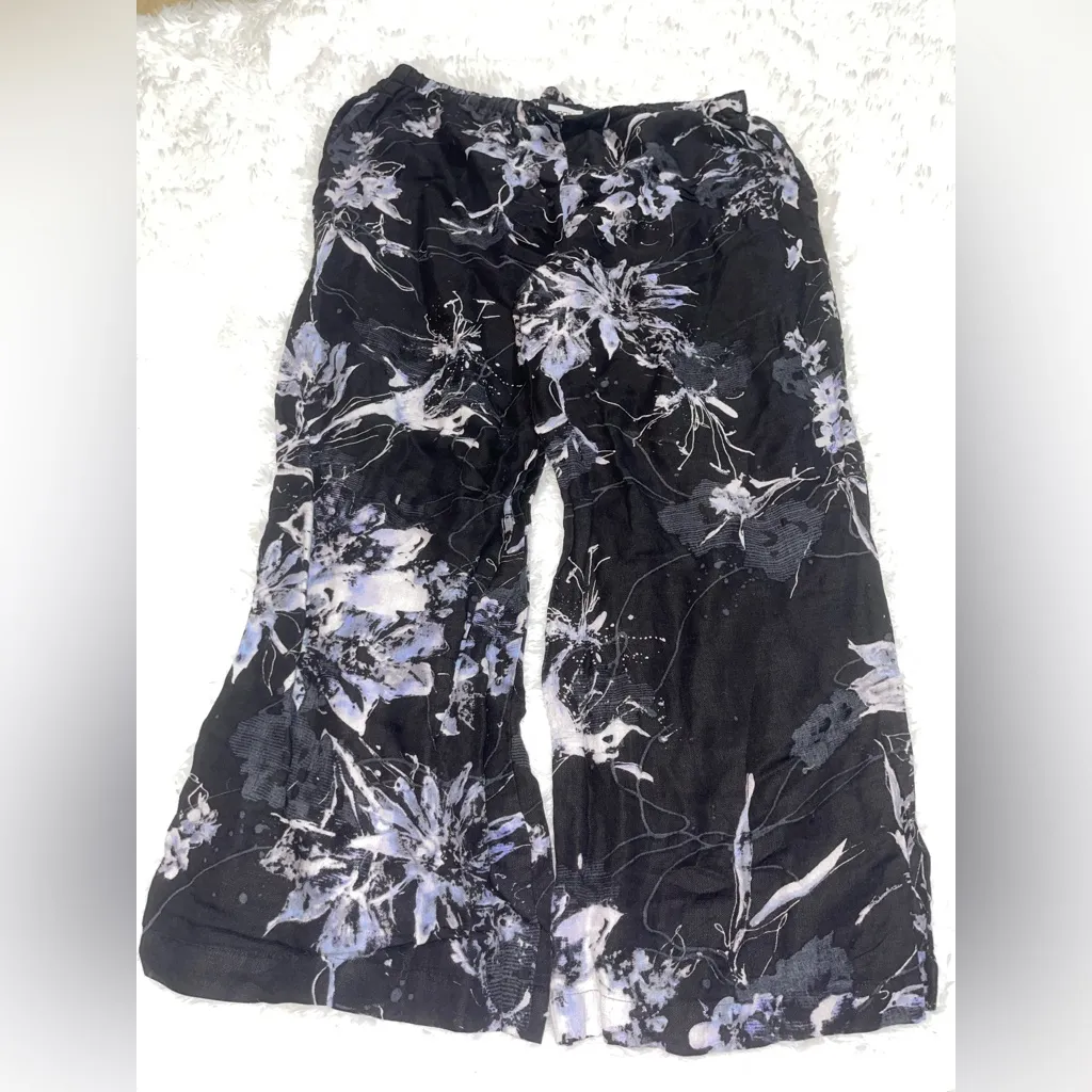 Chico’s black w/purple & white floral linen blend wide leg pants US 12/ Chico 2 - Image 2