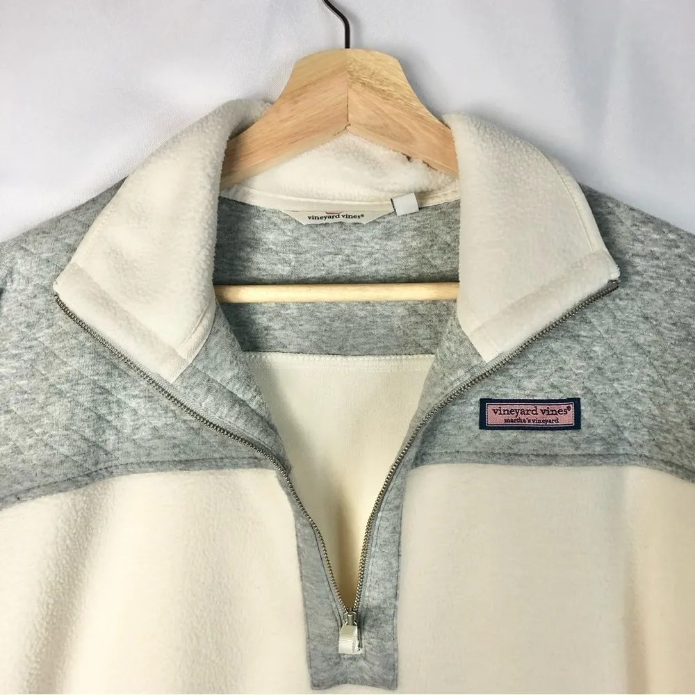 Vineyard Vines Mixed Media Cream & Gray Quarter Zip Pullover Sherpa L - Image 5