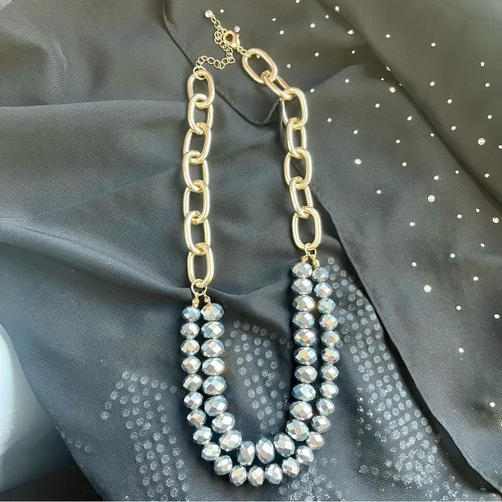 Grey Beaded Layered Necklace Gold Tone Chain Gray - Image 2