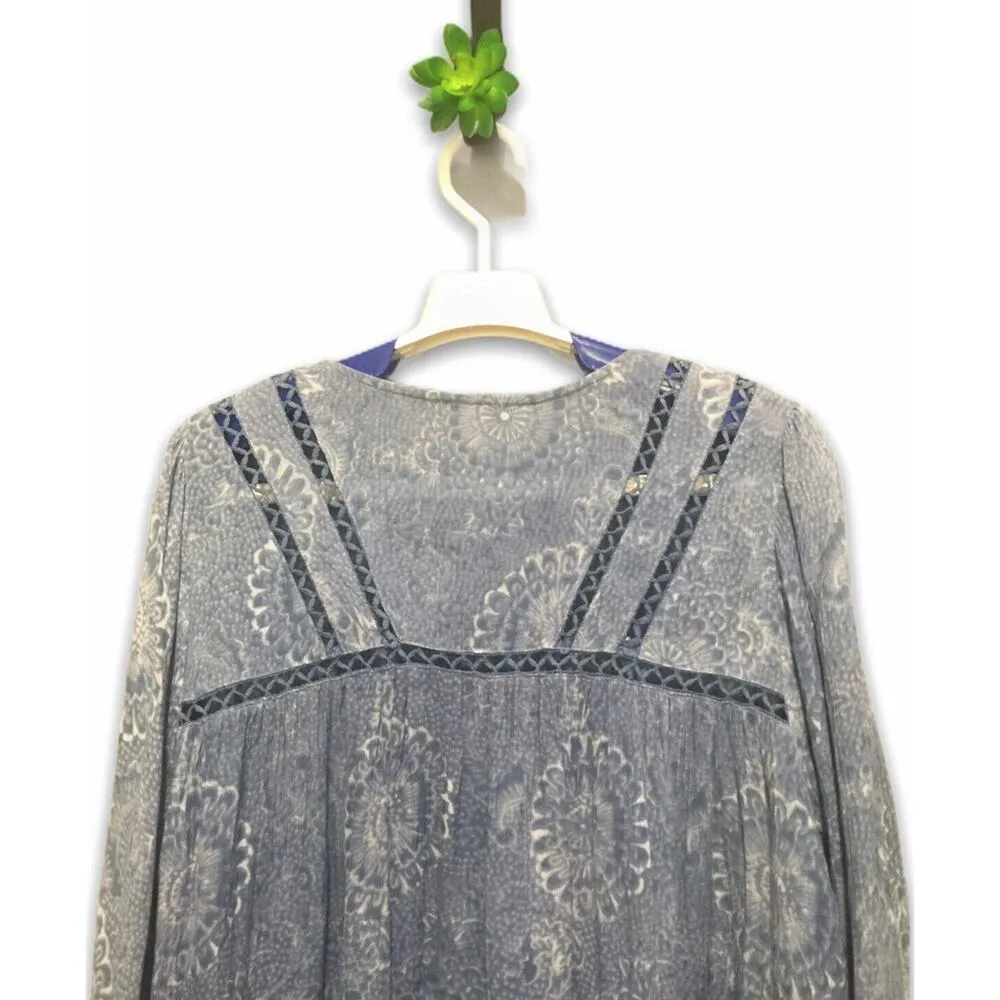 En Creme Top Womens Small Boho Crochet Insert Floral Blue Tassel Tie Top Blouse - Image 4