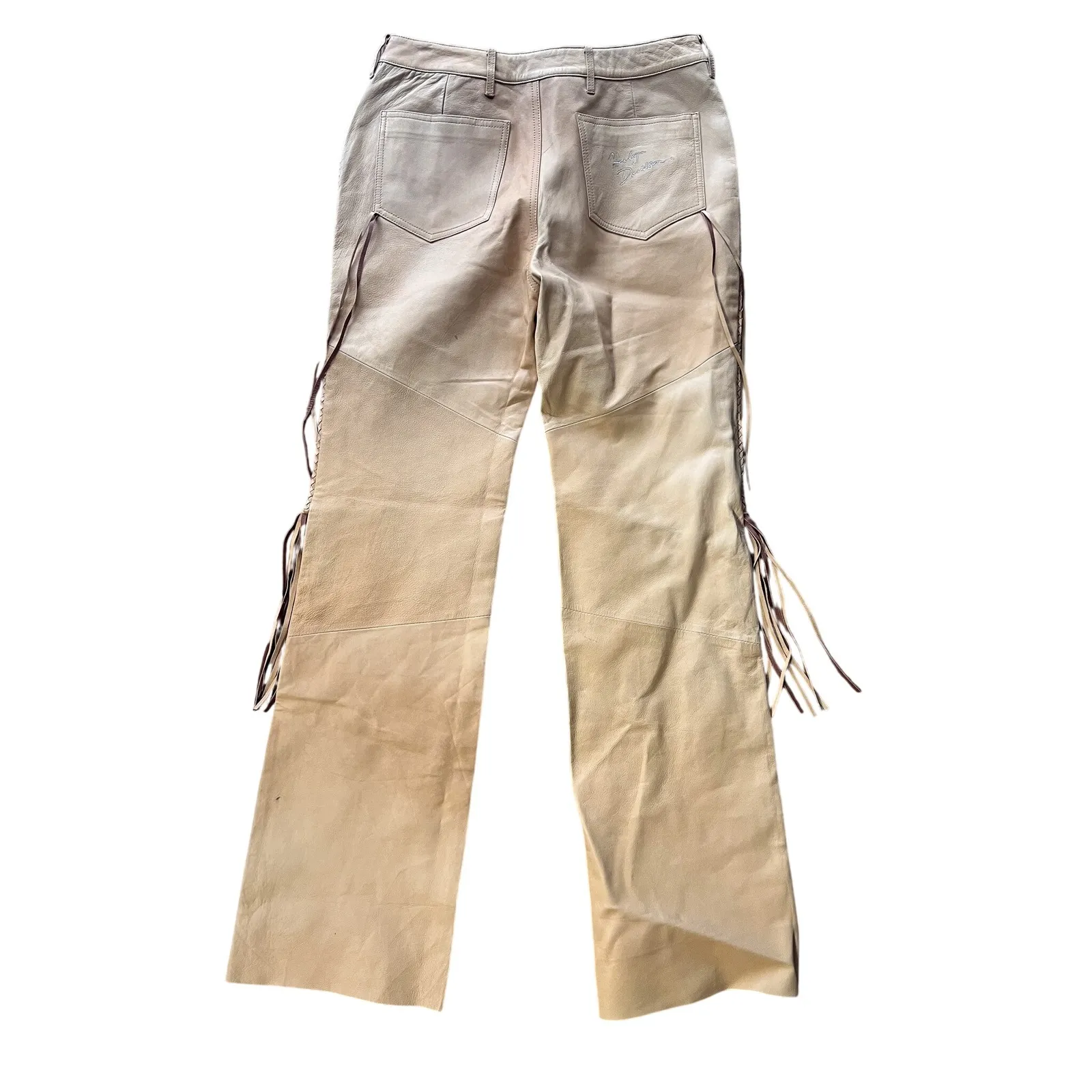 Vintage Harley Davidson Leather Fringe Pants Tan Moto Y2K Women's Size 40/12 - Image 7