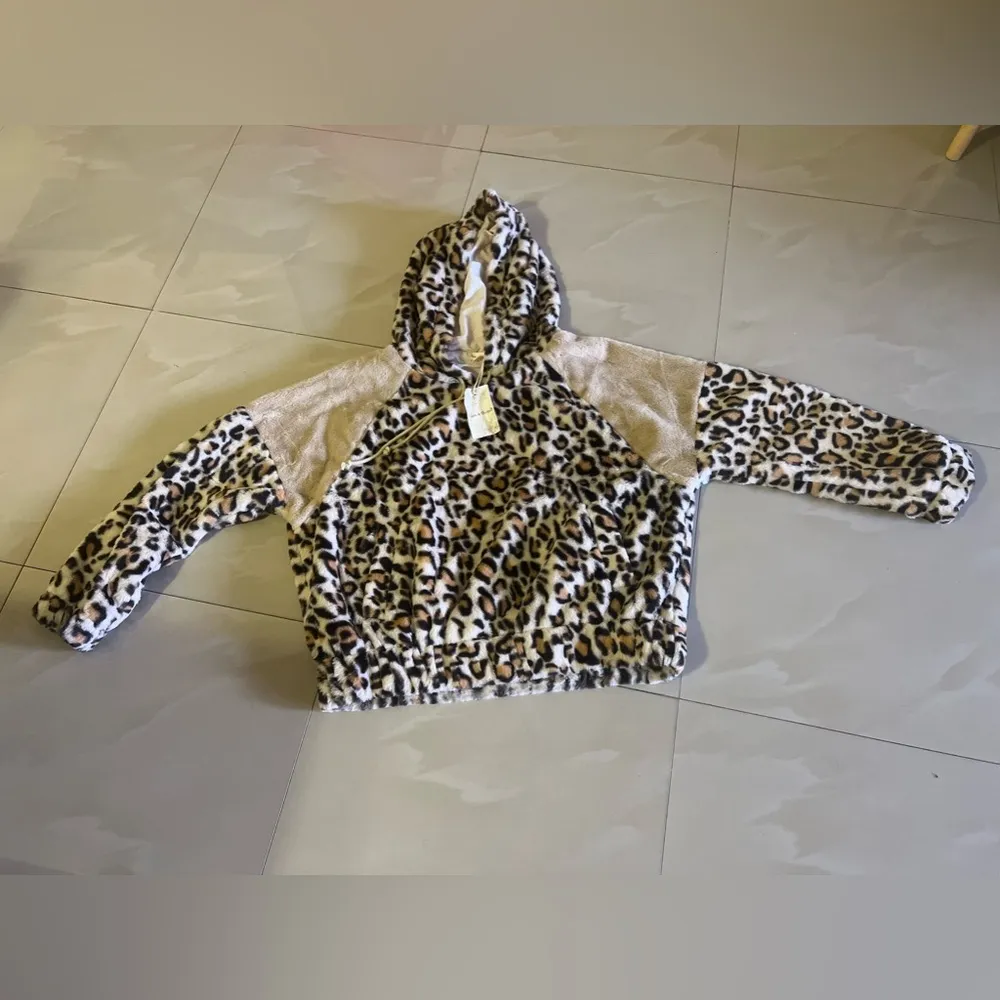 Leopard print faux fur Jacket Ham & Threads hoodie pull on size L Brown Size L - Image 2